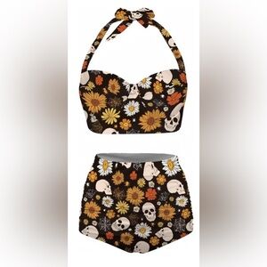 Black Floral Skull High-Waist Bikini Set